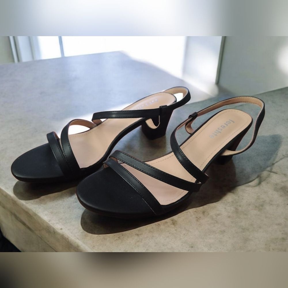 Fereshte Black Matte Strappy Slip On Open Toe Block Heels - Size 8.5 / EU 40